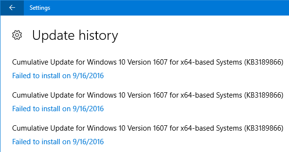 windows 10 version 1607 failed